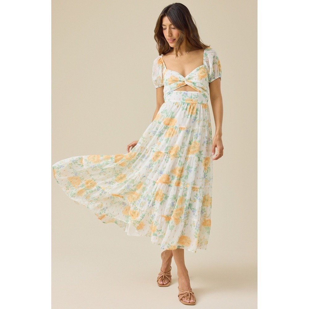 Altar'd State Floral Cutout Tiered Maxi Dress Gold Lurex Size XXS NWT